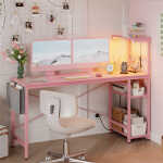 Bestier 61" Reversible Gaming Desk with PC Shelf Computer Desk with LED Light Carbon Fiber