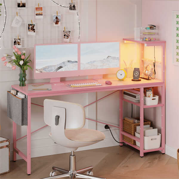Bestier 61" Reversible Gaming Desk with PC Shelf Computer Desk with LED Light Carbon Fiber