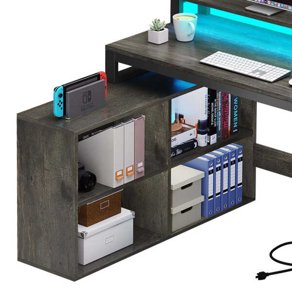 Dextrus 65" L Shaped Desk with Power Outlets and Monitor Stand , Computer Desk with LED Light &File Cabinet, Corner Desk with 3