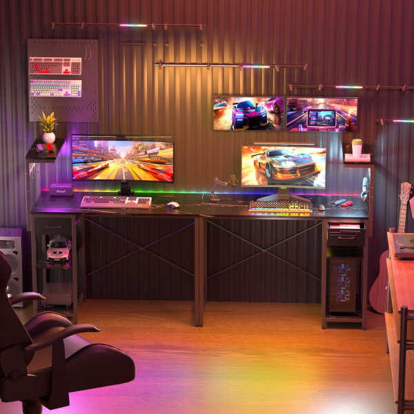 Eunon 44 inch Gaming Computer Desk with LED Lights, Reversible 4 Tier Storage Shelves & Drawer,Pink