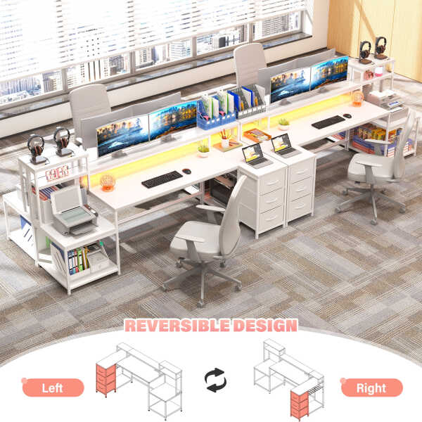 Enhomee 70.9" L Shaped Gaming Desk, Computer Desk with Power Outlet & LED Light, Home Office Desks with Drawers, Black