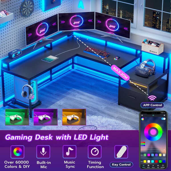 L Shaped Desk with Power Outlet and LED Lights, Corner Computer Desk with File Drawer for Home Office, Gaming Desk, Rustic Brown