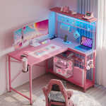 Bestier 42 inch Gaming Desk with LED Lights & Power Outlet, Reversible L Shaped Computer Desk with Hutch & Storage Shelves,