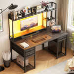 iSunirm Desk with LED Light and Power Outlet, 47.2'' Gaming Desk with Hutch, Reversible Computer Desk with Drawers, and Storage