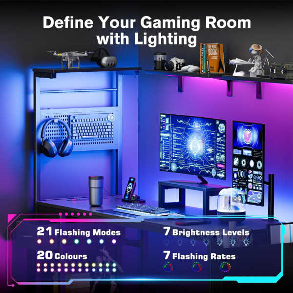 Upgo L Shaped 47" Gaming Desk with LED Lights & Adjustable Stand, Power Outlets & Storage Drawer for Adult and Teen