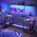Bestier 71.5 inch Gaming Desk with LED Lights & Power Outlet, L Shaped Computer Desk with Hutch & Adjustable Shelves, Pink 3D