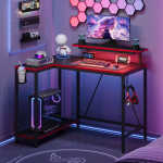 Pinmoco 42" Reversible L-Shaped Gaming Desk with Monitor Stand, LED Lights& Headset Hooks, Home Office, Carbon Fiber Black