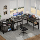 Homieasy Reversible L Shaped Desk with Magic Power Outlets and USB Charging Ports, Sturdy Corner Computer Desk with Storage