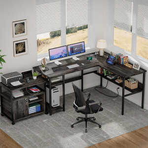 Homieasy Reversible L Shaped Desk with Magic Power Outlets and USB Charging Ports, Sturdy Corner Computer Desk with Storage