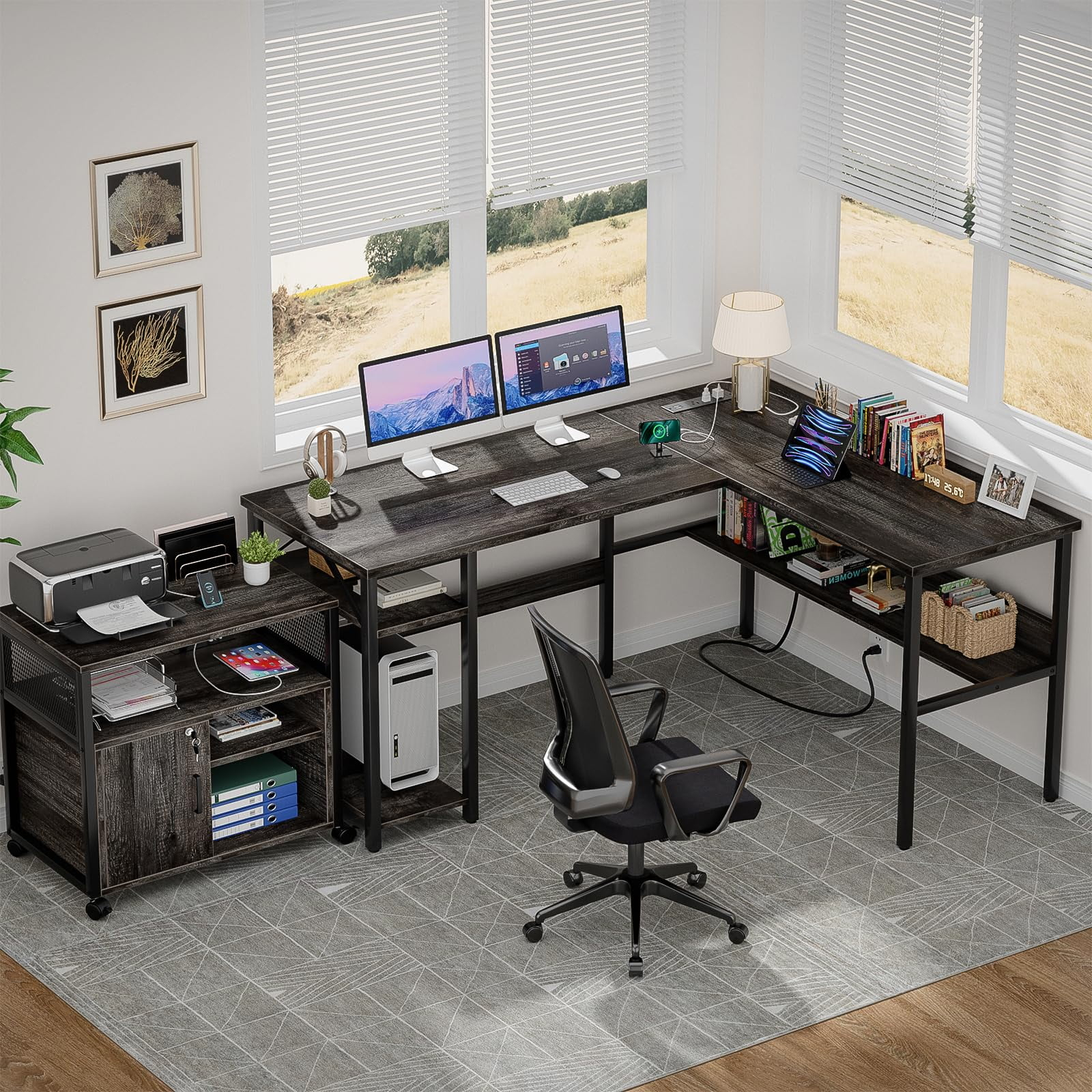 Homieasy Reversible L Shaped Desk with Magic Power Outlets and USB Charging Ports, Sturdy Corner Computer Desk with Storage