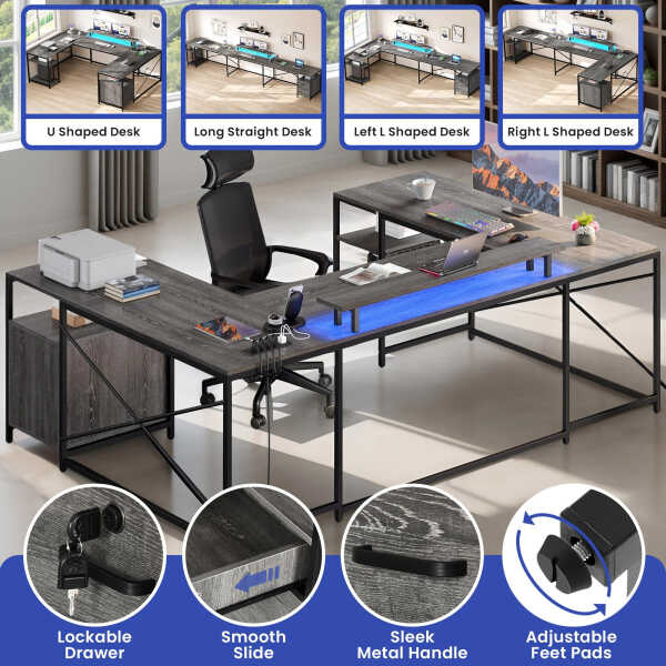 Wooflex Reversible U-Shaped Desk with Monitor Stand, Power Outlets & LED Lights, L-Shaped and Long Home Office Desk with Drawers