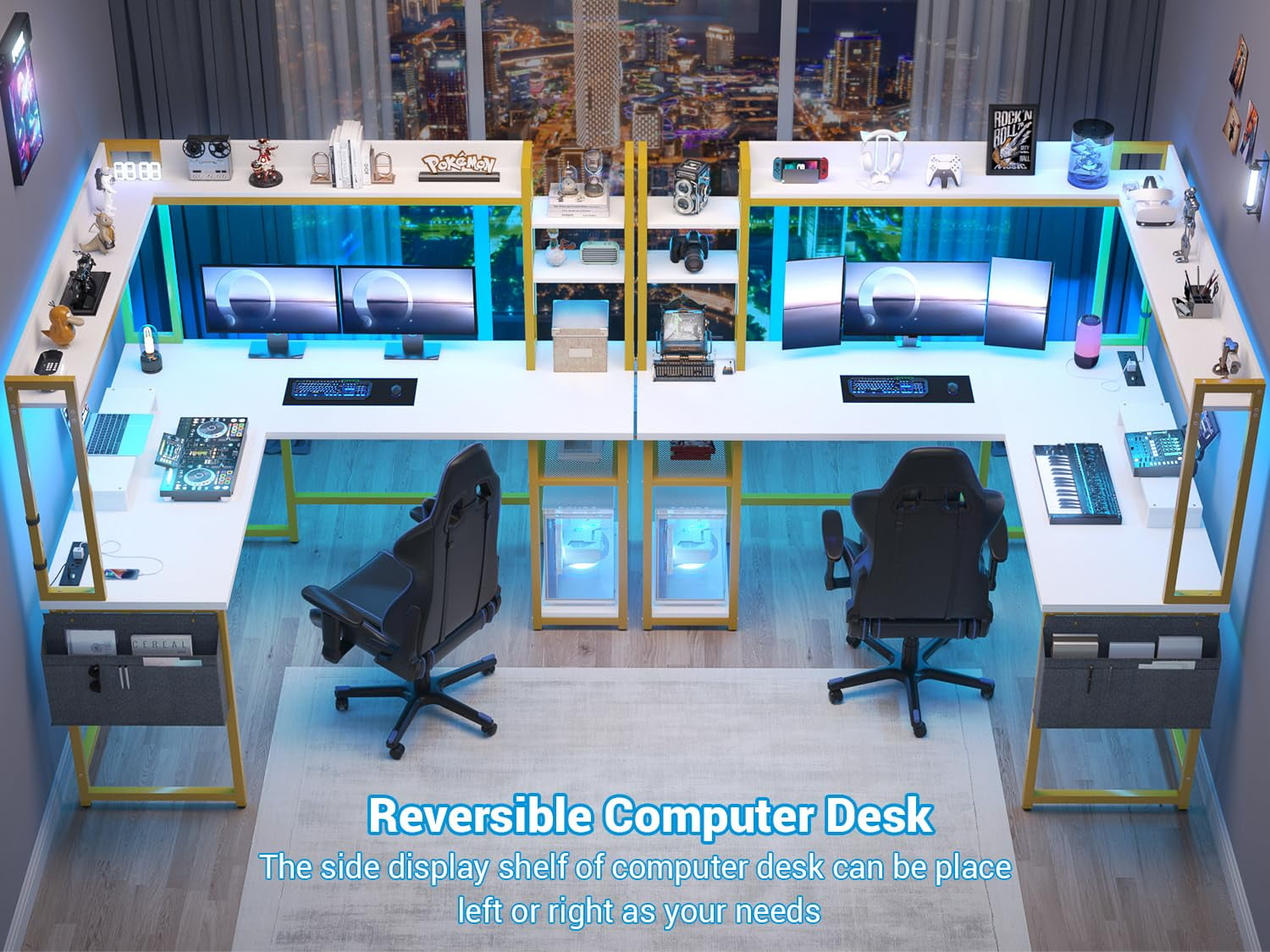 Homieasy L Shaped Desk with Power Outlet and LED lights, Reversible Corner Computer Desk with Hutch and Storage Shelf, Ergonomic