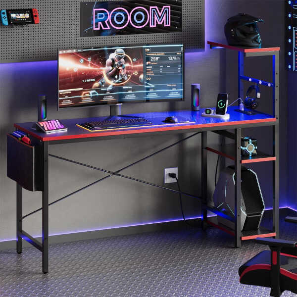Bestier 61" Reversible Gaming Desk with PC Shelf Computer Desk with LED Light Carbon Fiber