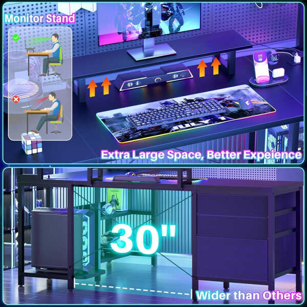iSunirm L Shaped Gaming Desk with Storage, Computer Gaming Desk with LED Lights & Hutch, Reversible Computer Desk with Power