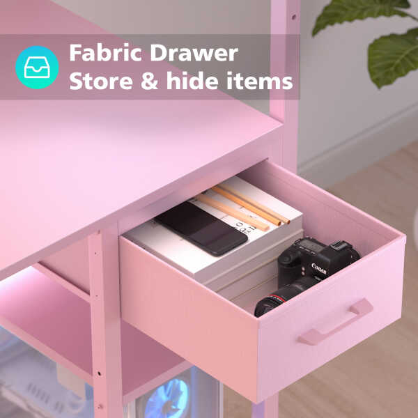 Eunon 44 inch Gaming Computer Desk with LED Lights, Reversible 4 Tier Storage Shelves & Drawer,Pink