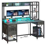 Dextrus 59.1"Computer Desk with Power Outlets & Hutch, Office Desk with Storage Shelves & Drawers with Lock, Gaming Desk with
