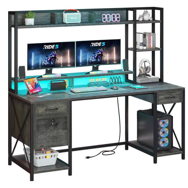 Dextrus 59.1"Computer Desk with Power Outlets & Hutch, Office Desk with Storage Shelves & Drawers with Lock, Gaming Desk with