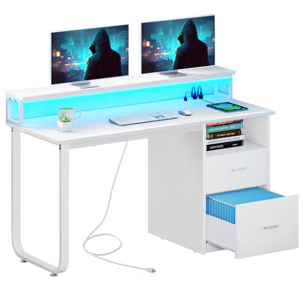 Dextrus 47 inch Computer Desk with Storage Drawers & LED Light, Office Desk with Monitor Stand & Power Outlets, Work Study PC