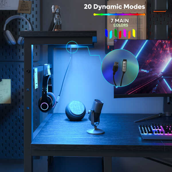 Bestier 61" Reversible Gaming Desk with PC Shelf Computer Desk with LED Light Carbon Fiber
