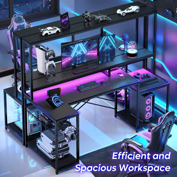 Bestier 71.5 inch Gaming Desk with LED Lights & Power Outlet, L Shaped Computer Desk with Hutch & Adjustable Shelves, Pink 3D