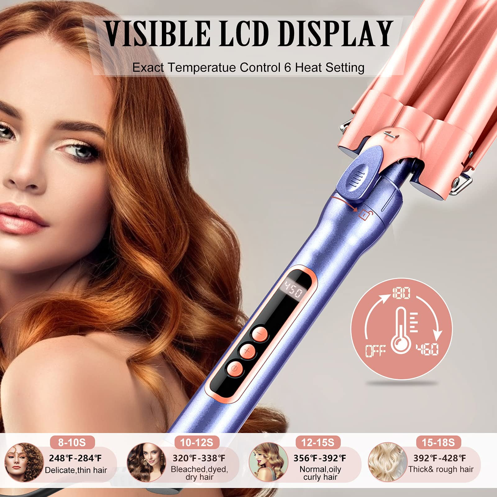Curling Iron Set,5 in 1 Barrel Curling Wand Set with 0.3"-1.25" Interchangeable Ceramic Triple Barrels Hair Waver,Instant