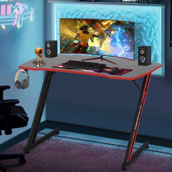 NiamVelo 47 inch Gaming Desk, Z-Shaped PC Computer Table Ergonomic Gamer Workstation with Headphone Hook for Home Office, Red