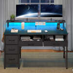 Greenstell 39" Computer Desk with Built-in Outlets & LED, 5-Drawer Office Desk with Monitor Stand, White