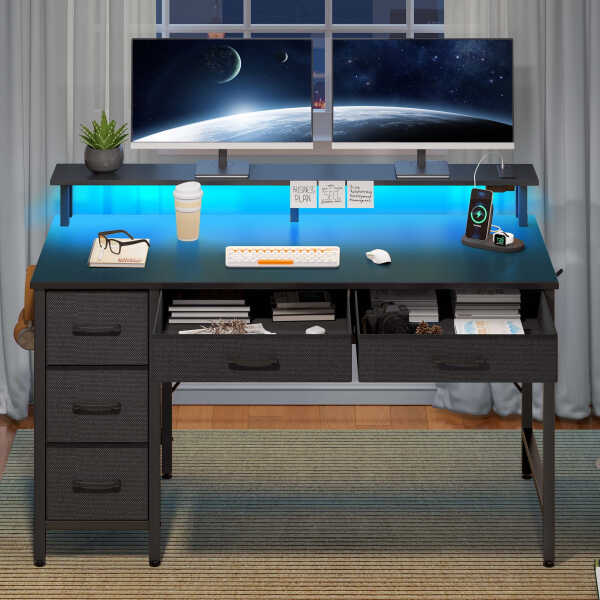 Greenstell 39" Computer Desk with Built-in Outlets & LED, 5-Drawer Office Desk with Monitor Stand, White