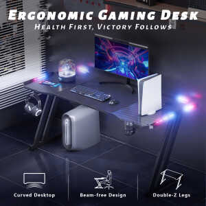 HLDIRECT 55 inch Gaming Desk with LED, Ergonomic PC Table with Cup Holder&Headphone Hook for Adults, Black