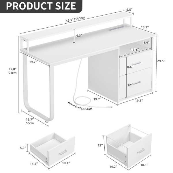 Dextrus 47 inch Computer Desk with Storage Drawers & LED Light, Office Desk with Monitor Stand & Power Outlets, Work Study PC