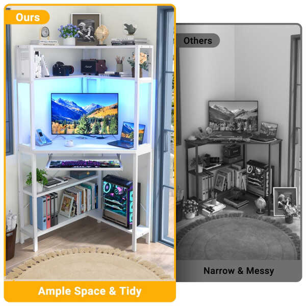 Homieasy Corner Computer Desk with Power Outlets & LED Light, Corner Desk with Hutch, Triangle Gaming Desk with Keyboard Tray,