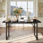 Pinmoco 63" Executive Desk, Lager Writing Desk with Metal Frame, Home and Office, Black with Walnut