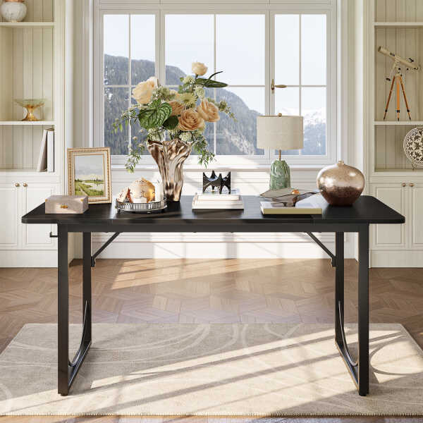 Pinmoco 63" Executive Desk, Lager Writing Desk with Metal Frame, Home and Office, Black with Walnut