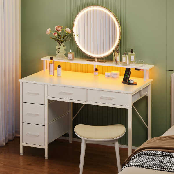Greenstell 39" Computer Desk with Built-in Outlets & LED, 5-Drawer Office Desk with Monitor Stand, White