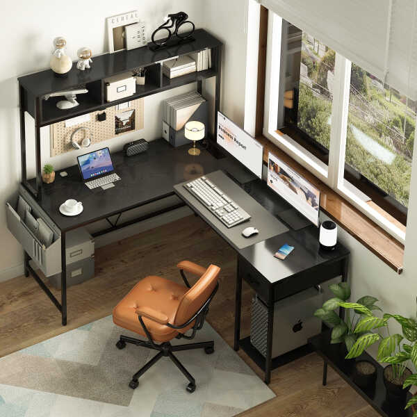 Yoobure 55 inch L Shaped Desk with Power Outlet and LED lights&65292Corner Gaming Desk with Storage Shelf&65292Computer Desk L