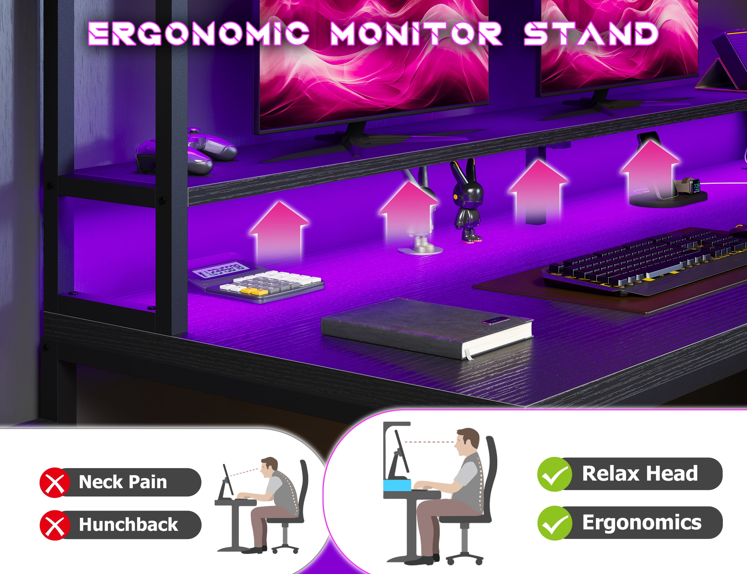 Enhomee L Shaped Desk, Gaming Desks with Power Outlet & LED Light Computer Deskwith Drawers & Storage Shelves Black