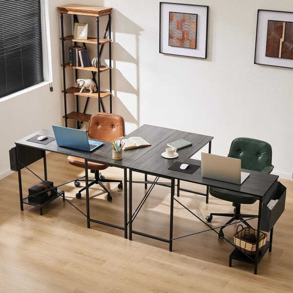 Furnibear Computer Desk with Drawer and Power Outlets, 47" Office Desk with 2 Monitor Stands and Fabric File Cabinet for Home