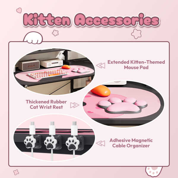 Dowinx 43" L-Shaped Gaming Desk Cute with Cat Accessories, Corner Desk with Power Outlet & Monitor Shelf for Adult and Girl,