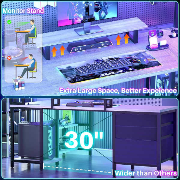 iSunirm L Shaped Gaming Desk with Storage, Computer Gaming Desk with LED Lights & Hutch, Reversible Computer Desk with Power