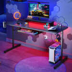Bestier 63" Gaming Desk with LED Lights & Power Outlets, Computer Desk with Monitor Stand & Keyboard Tray for Home Office,