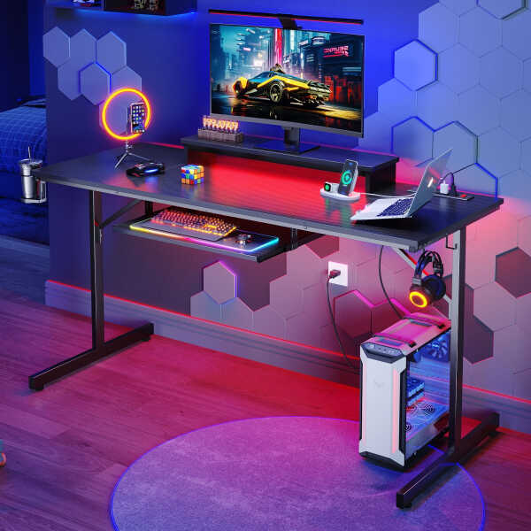 Bestier 63" Gaming Desk with LED Lights & Power Outlets, Computer Desk with Monitor Stand & Keyboard Tray for Home Office,