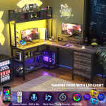 iSunirm L Shaped Gaming Desk with Storage, Computer Gaming Desk with LED Lights & Hutch, Reversible Computer Desk with Power