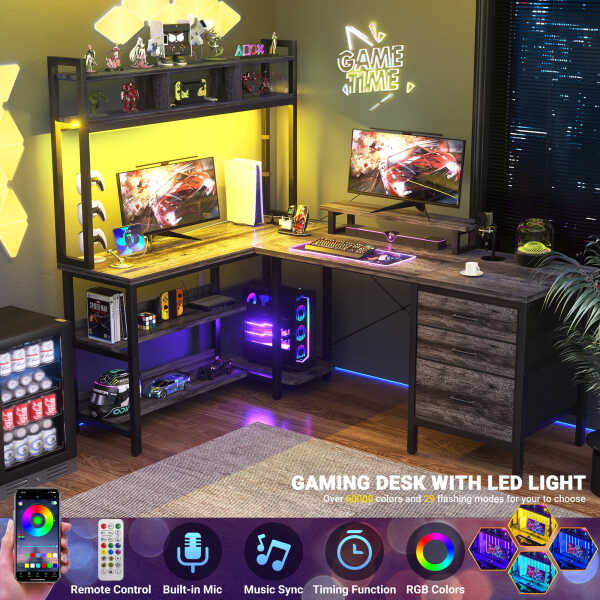 iSunirm L Shaped Gaming Desk with Storage, Computer Gaming Desk with LED Lights & Hutch, Reversible Computer Desk with Power