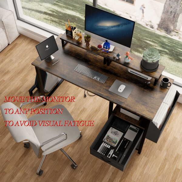 Furnibear Computer Desk with Drawer and Power Outlets, 47" Office Desk with 2 Monitor Stands and Fabric File Cabinet for Home