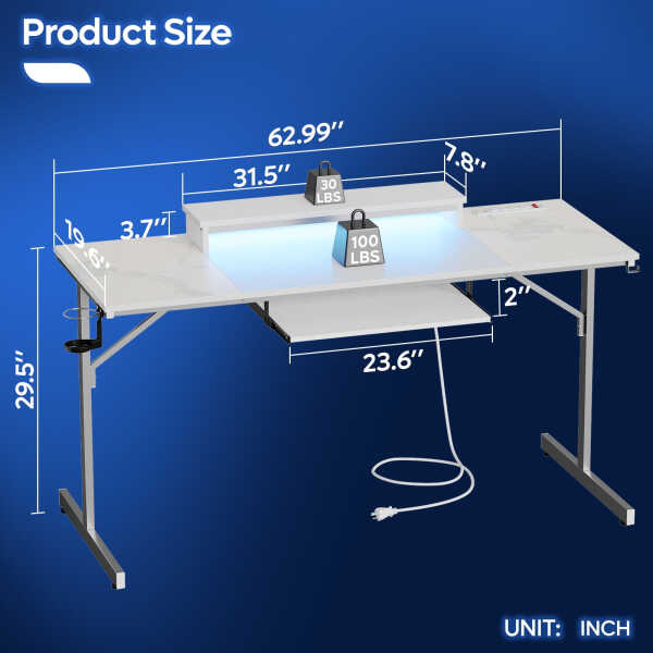 Bestier 63" Gaming Desk with LED Lights & Power Outlets, Computer Desk with Monitor Stand & Keyboard Tray for Home Office,