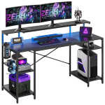 Bestier Gaming Desk with LED Light & Outlets 55" Computer Desk with Monitor Stand, Black Carbon Fiber
