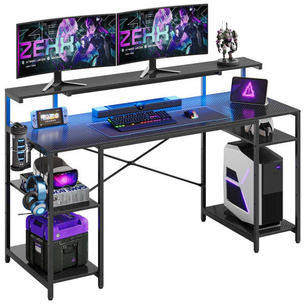 Bestier Gaming Desk with LED Light & Outlets 55" Computer Desk with Monitor Stand, Black Carbon Fiber