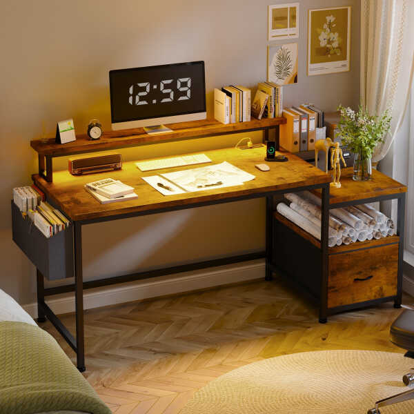 EnHomee 56.5" Computer Desk with Monitor Stand, Office Desk with Fabric File Cabinet, Gaming Computer Desk for Home Office