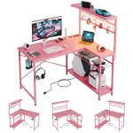 Bestier 42 inch Gaming Desk with LED Lights & Power Outlet, Reversible L Shaped Computer Desk with Hutch & Storage Shelves,