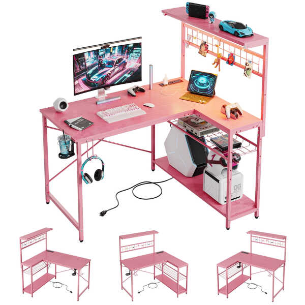 Bestier 42 inch Gaming Desk with LED Lights & Power Outlet, Reversible L Shaped Computer Desk with Hutch & Storage Shelves,